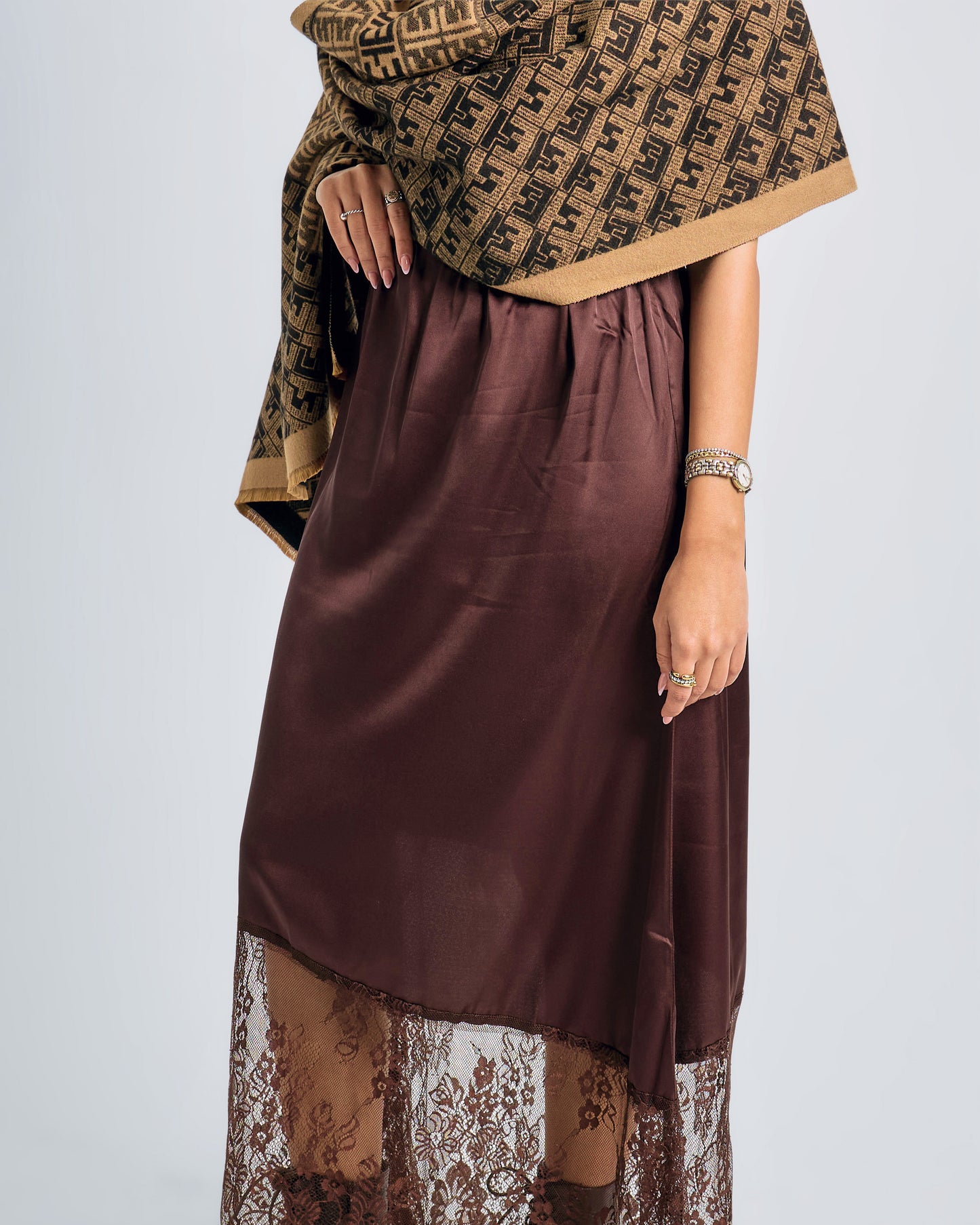 Chic Satin-Lace Brown Skirt
