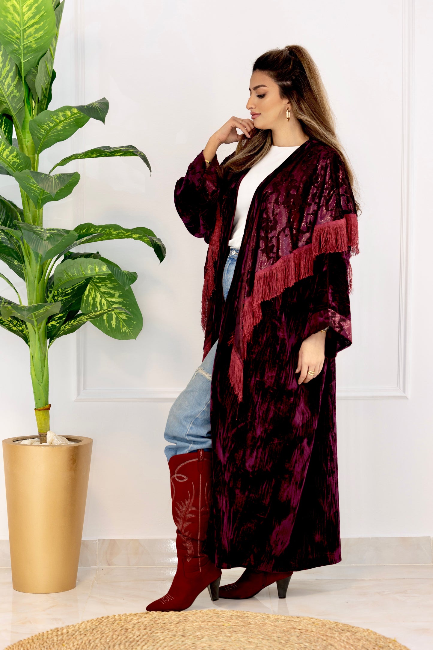 Embroidered Velvet Longline Cardigan