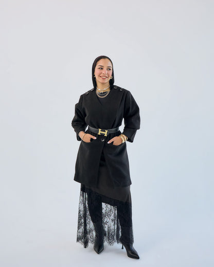 Chic Satin-Lace Black Skirt