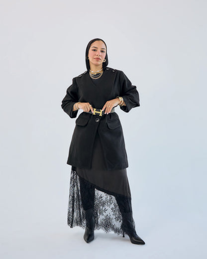 Chic Satin-Lace Black Skirt