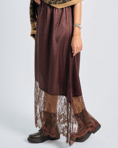 Chic Satin-Lace Brown Skirt