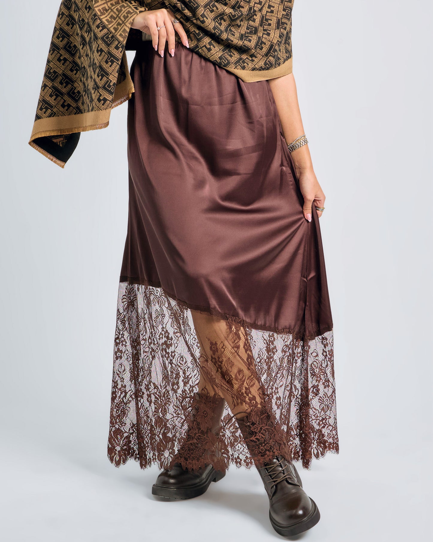 Chic Satin-Lace Brown Skirt