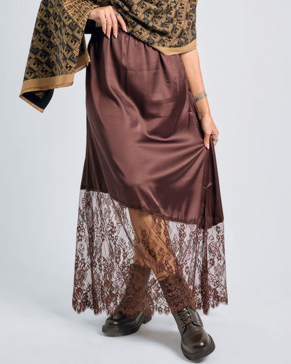 Chic Satin-Lace Brown Skirt
