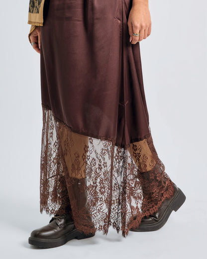 Chic Satin-Lace Brown Skirt