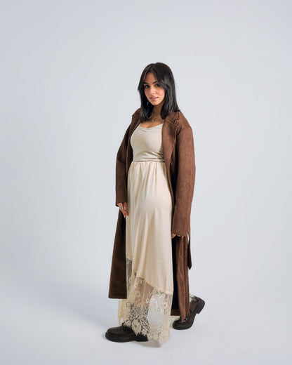 Chic Satin-Lace Beige Skirt